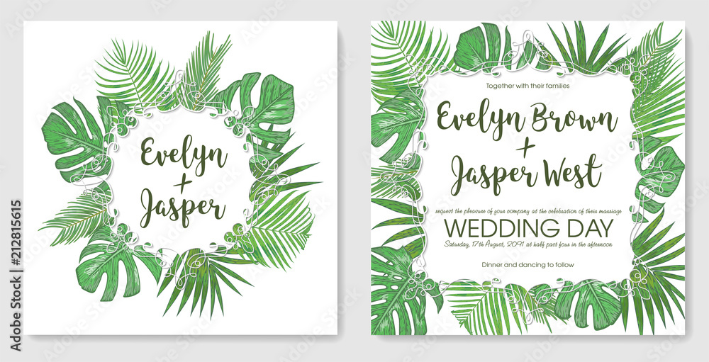 Vector set tropical frame, wedding invitation, label, postcard, save date. Bouquet wreath green palm leaves, sago, monstera, kentia isolated on white background. watercolor