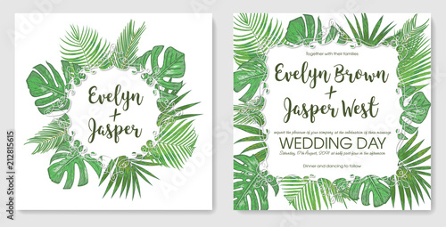 Vector set tropical frame, wedding invitation, label, postcard, save date. Bouquet wreath green palm leaves, sago, monstera, kentia isolated on white background. watercolor