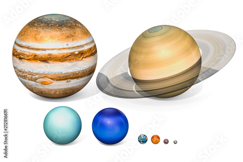 Fototapeta Naklejka Na Ścianę i Meble -  Planets of the solar system. Jupiter, Saturn, Uranus, Neptuno, Earth, Venus, Mars, Mercury. 3D rendering isolated on white background