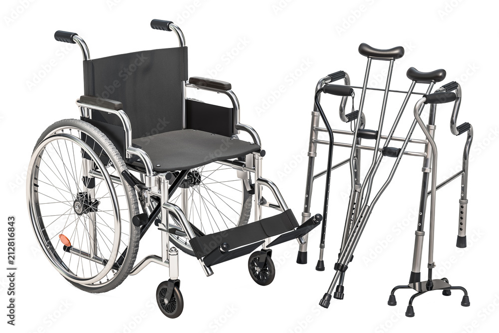 Wheelchair, walking frame and crutches, 3D rendering