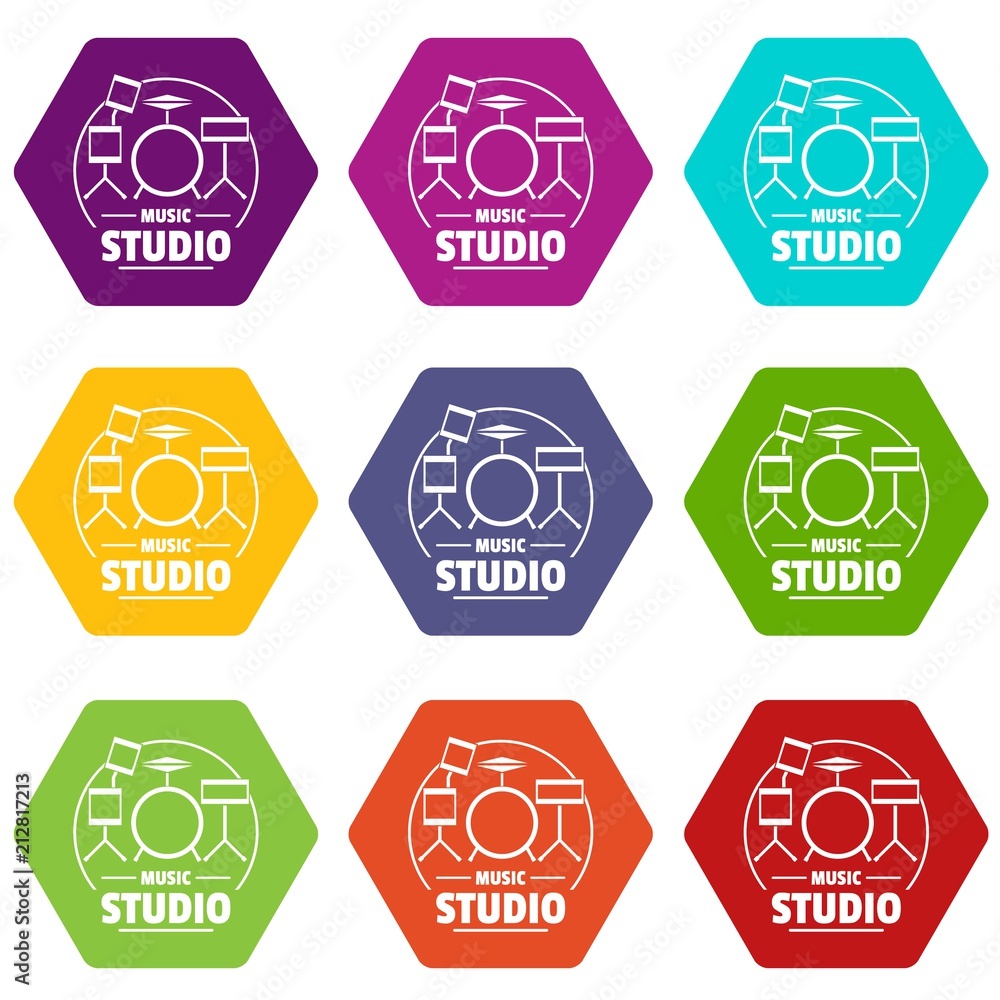 Drum kit icons 9 set coloful isolated on white for web