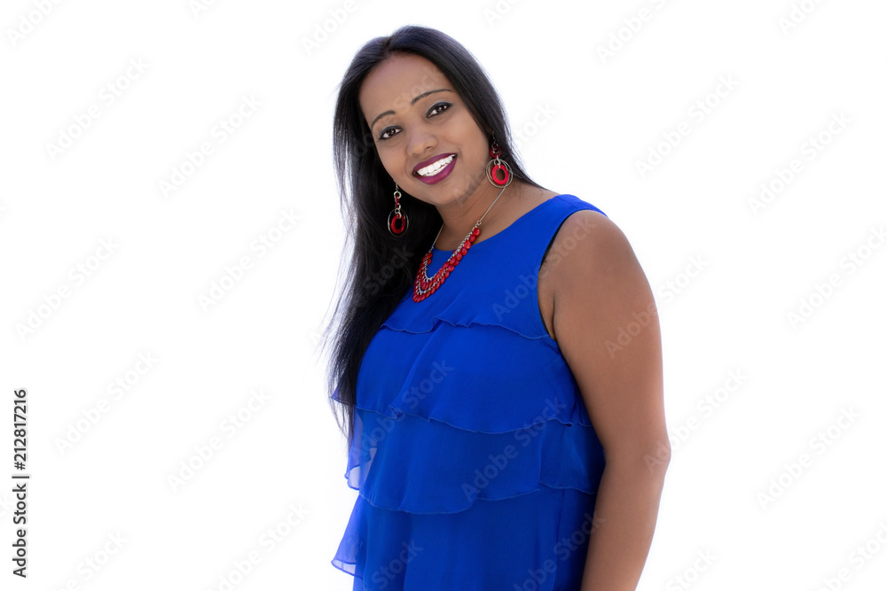 Happy Indian woman, smiling face portrait on white background Happy Indian woman, smiling face portrait on white background