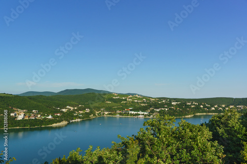 Fototapeta Naklejka Na Ścianę i Meble -  Top view of beautiful lake Abrau and a village of Abrau-Durso Novorossiysk city district