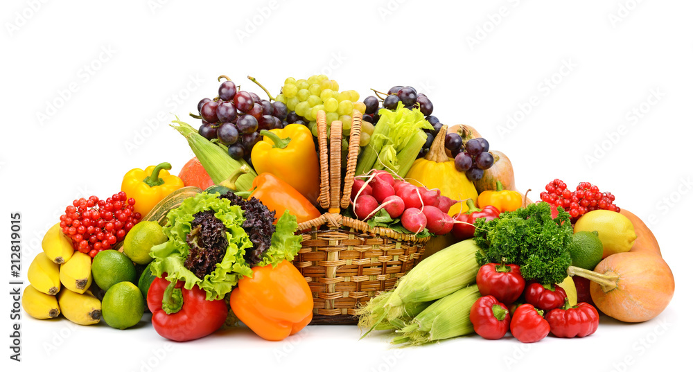 Healthy fresh vegetables and fruits in willow basket isolated on white background. Healthy fresh vegetables and fruits in willow basket isolated on white background.