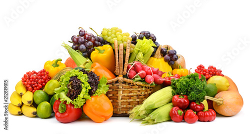 Fototapeta Naklejka Na Ścianę i Meble -  Healthy fresh vegetables and fruits in willow basket isolated on white background.