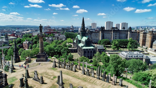 Aerial image over Glasgow Necropolis, a Victorian garden cemetery, and the medieval Cathedral.