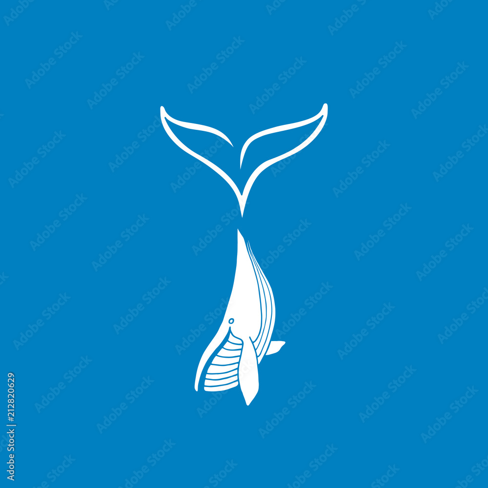 Vector illustration of white whale with big tail logo type on blue ...