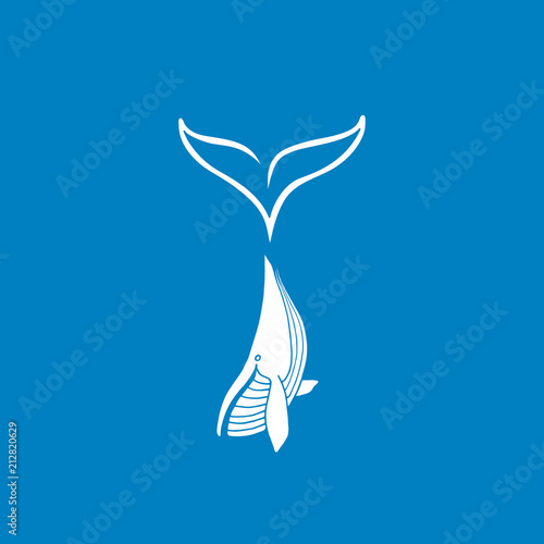 Vector illustration of white whale with big tail logo type on blue background. Whale logo