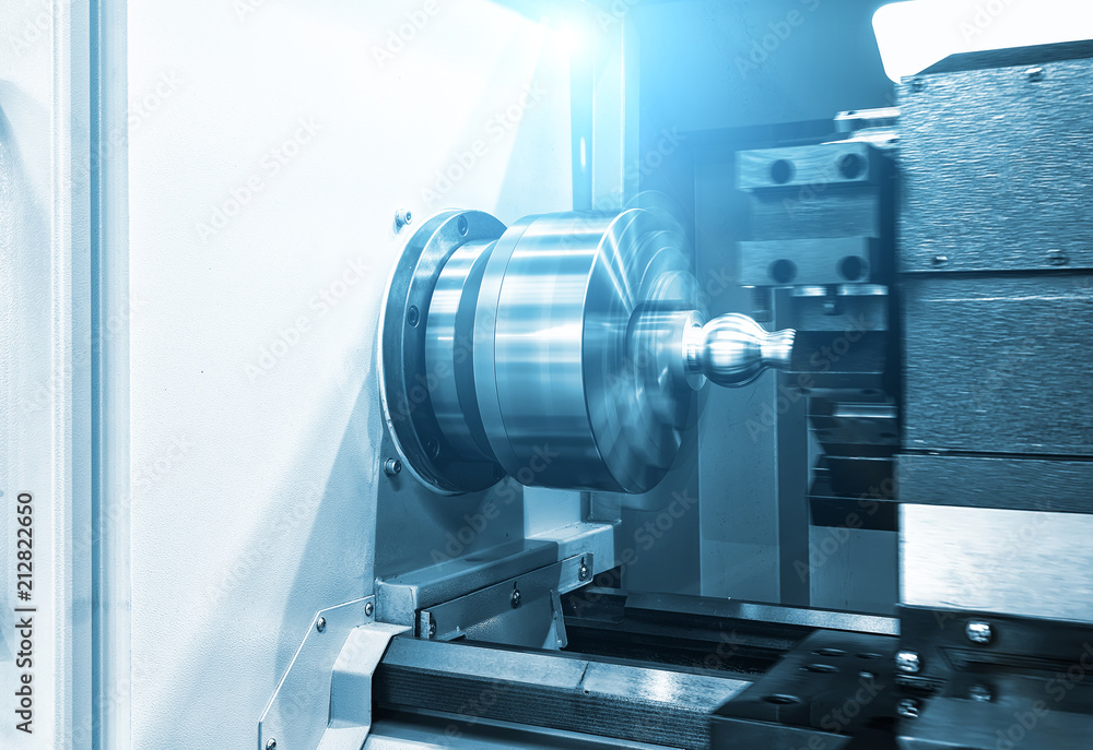 CNC lathe machine Turning machine cutting the metal screw thread part .Hi-precision CNC machining concept. CNC lathe machine Turning machine cutting the metal screw thread part .Hi-precision CNC machining concept.
