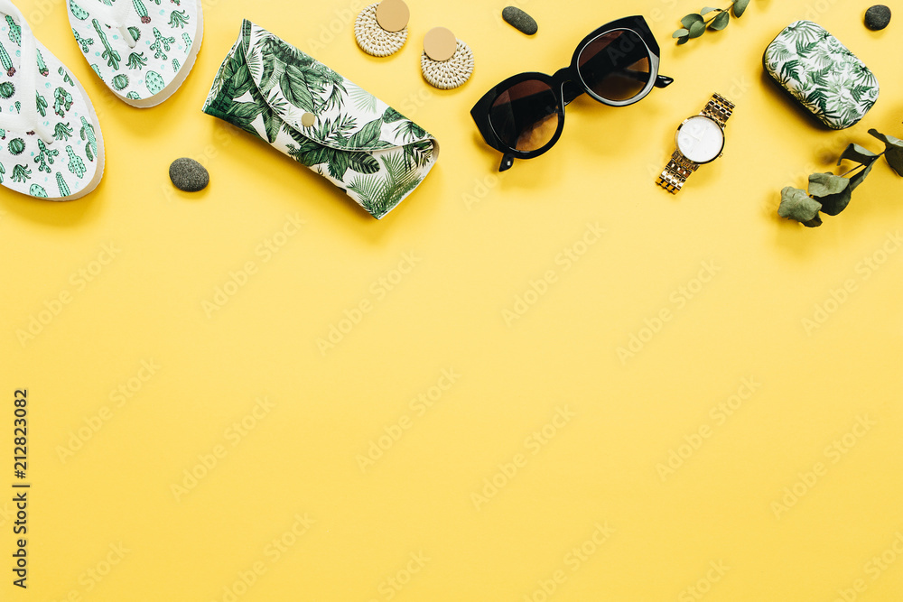 Flat lay summer travel concept. Top view. Flat lay summer travel concept. Top view.