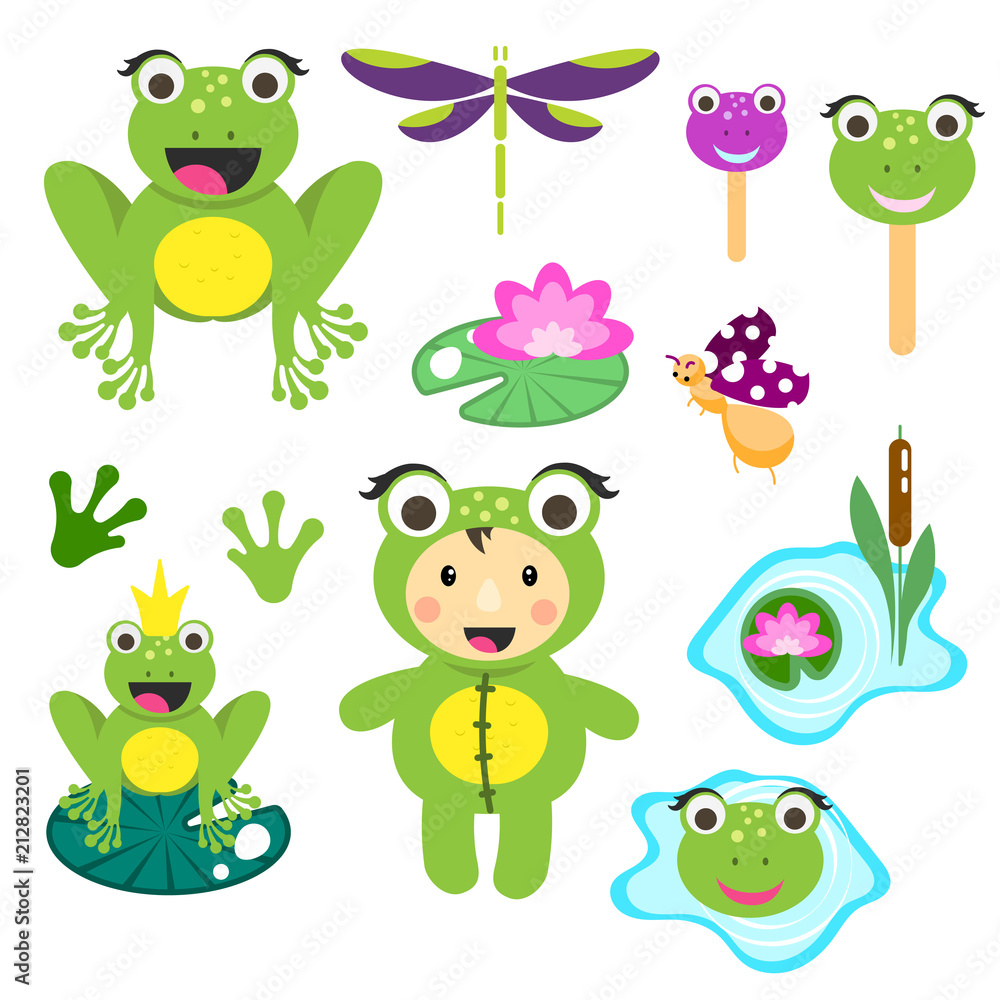 Cute cartoon frog clipart set. Funny frogs illustration for children vector clip art.