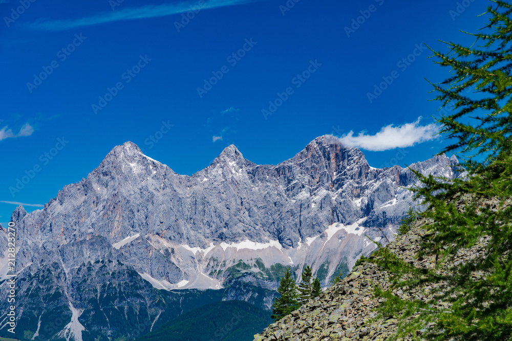 Fototapeta premium Hohe Dachstein pasmo górskie w Austria z zielonymi drzewami na przedpolu