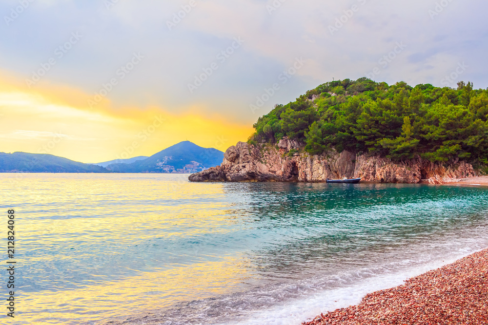 Fototapeta premium Awesome tropical sunset on Adriatic sea coastline in Montenegro, gorgeous summer seascape and nature landscape