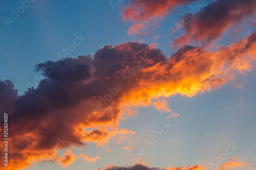 Colorful red and orange fluffy clouds at blue sky in sunset time, beautiful nature cloudscape © DedMityay