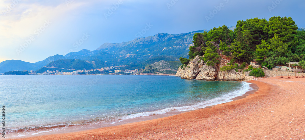 Awesome tropical beach on Adriatic sea coastline in Montenegro, gorgeous summer seascape and nature landscape
