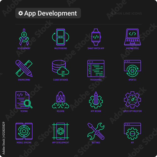 App development thin line icons set: writing code, multitasking, smart watch app, engineering, updates, cloud database, testing, speed optimization. Modern vector illustration.
