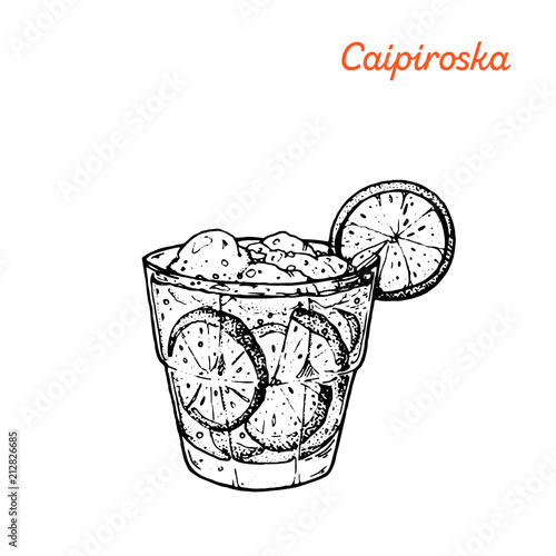 Caipiroska cocktail illustration. Alcoholic cocktails hand drawn vector illustration. Sketch style.