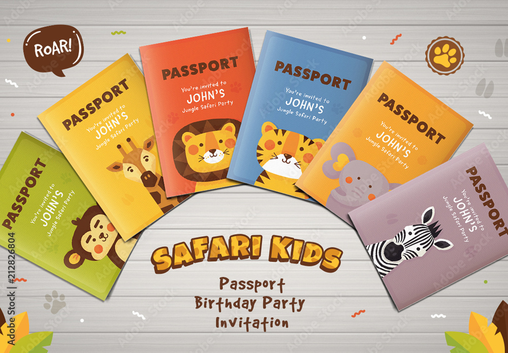 Passport and Safari Animals Birthday Invitation Layout Stock Template |  Adobe Stock