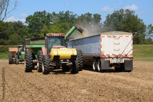 grain tractors unload soybeans into a hopper truck bound for a nearby grain silo