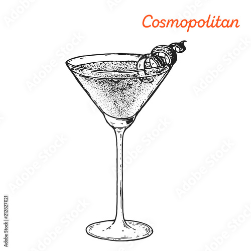 Cosmopolitan cocktail illustration. Alcoholic cocktails hand drawn vector illustration. Sketch style.