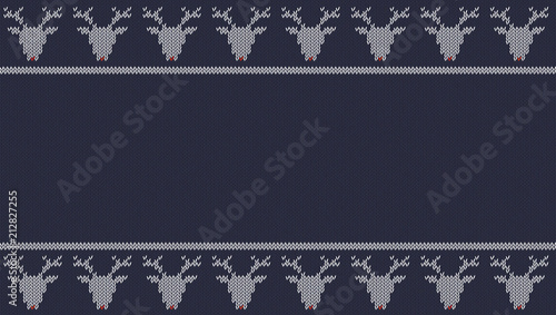 Seamless knitted  texture on blue background with white deers.