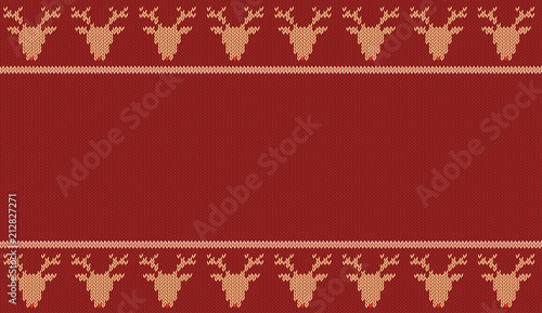 Seamless knitted  texture on burgundy, red background with yellow deers. 