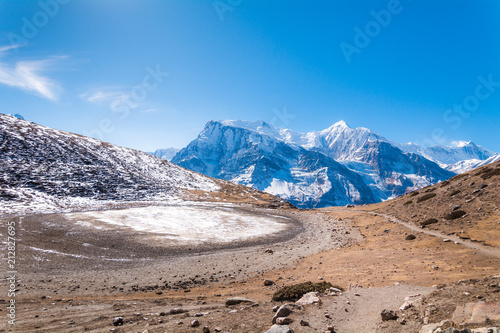 Panoramic view of (from the left) Annapurna III, Gangapurna, Glacier Dome, Annapurna I, Kangshar Kang and Tilicho with small ice pond from way to Ice Lake, Munchi, Annapurna Circuit Trek, Nepal © Thrithot