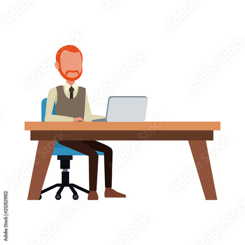 Businessman working with laptop at office vector illustration graphic design
