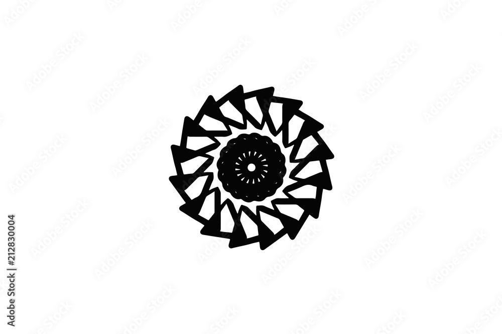 Black vector mandala on white background. Triangle mandala decor element. Round stamp template. Black vector mandala on white background. Triangle mandala decor element. Round stamp template.