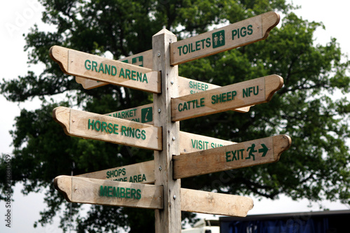Wooden sign in a showground with twelve arms pointing the way to various attractions and facilities