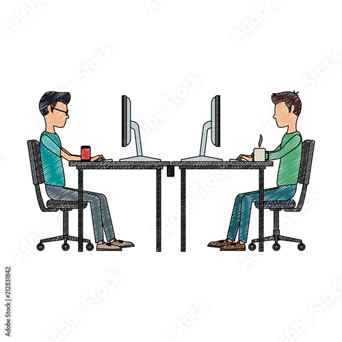 Mens working with computers at office vector illustration graphic design