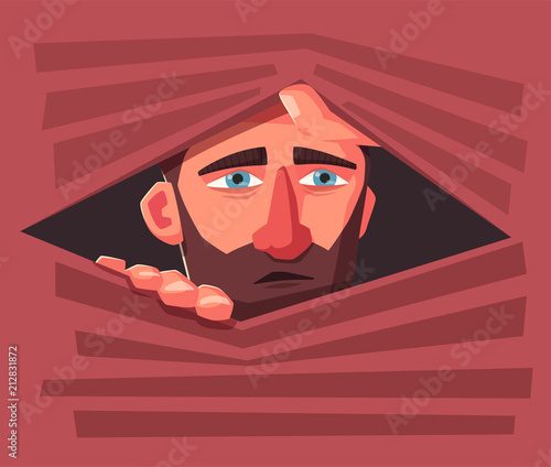 Confused man hide. Frightened person. Character design. Cartoon vector illustration