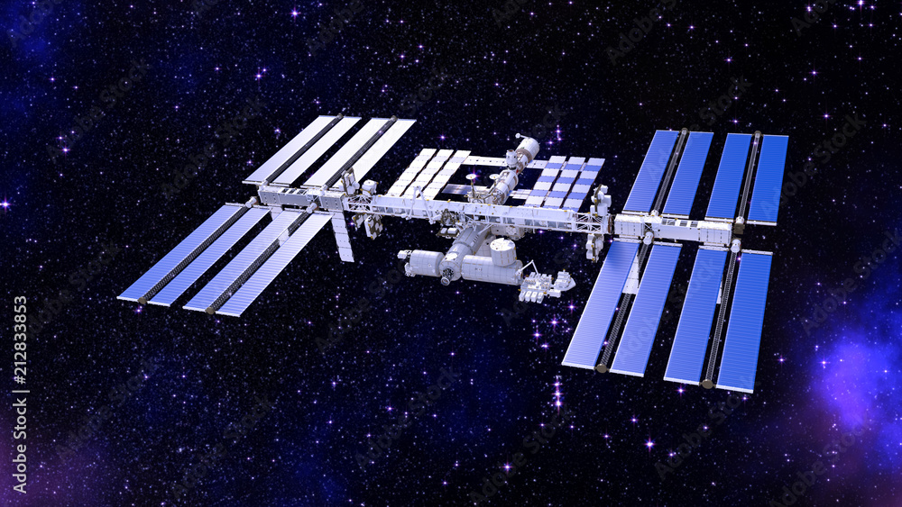 Space station, satellite with solar panels, space base in the universe, 3D  rendering Stock イラスト | Adobe Stock