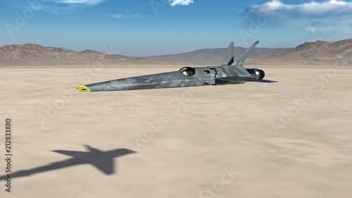 Fighter Jet, futuristic military airplane flying over a desert with blue sky and mountains in the background, 3D render