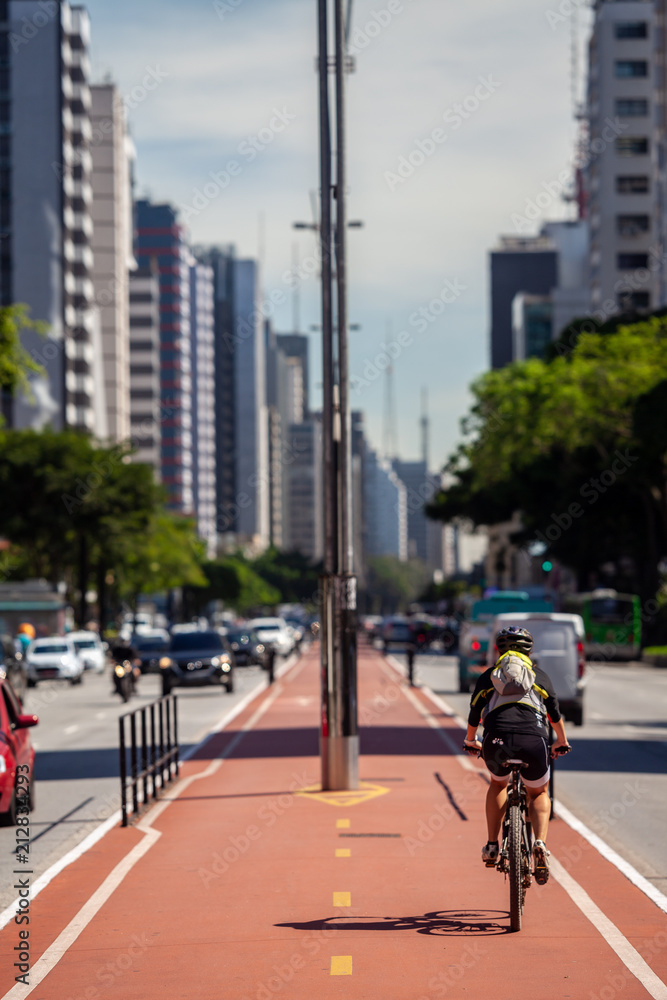 Bicycle lane in the middle of the main avenue in São Paulo