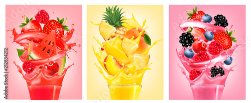 Set of labels with fruit in juice splashes. Strawberry, guava, watermelon, pineapple, peach, raspberry, blackberry, blueberry. Vector.