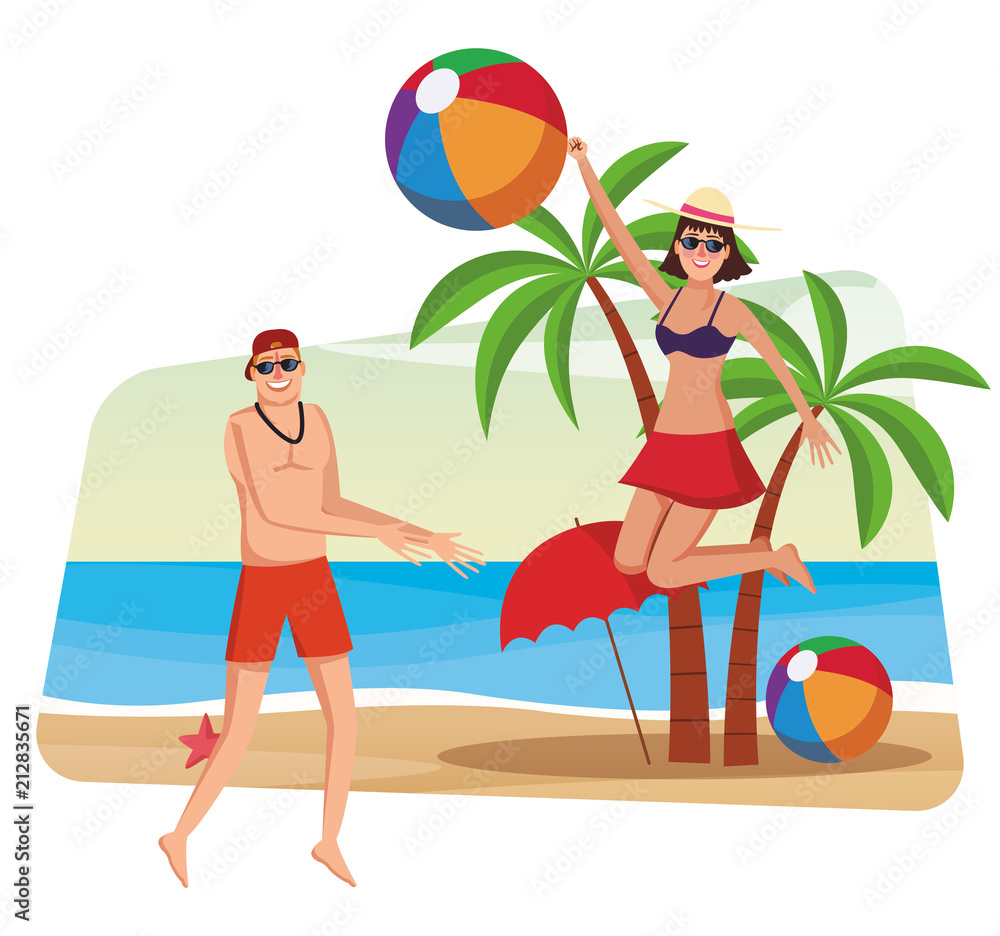 Beautiful couple having fun at beach vector illustration graphic design
