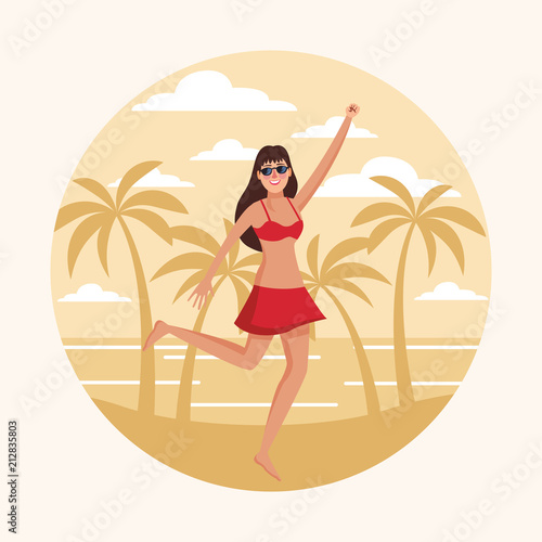 Young woman at beach round icon vector illustration graphic design