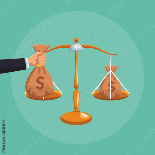 Money bags in justice balance with hand vector illustration graphic design
