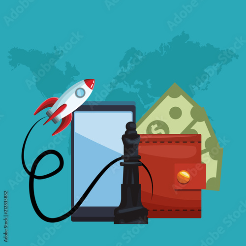 Business mobile apps smartphone and wallet with chess piece vector illustration graphic design