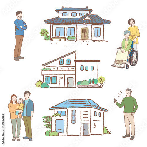 人々　暮らし　手描き　イラスト　ベクター　セット
