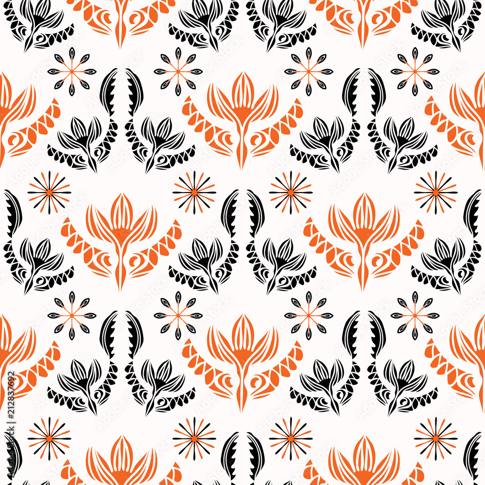 Bohemian Folkart Floral Vector Pattern Black Red, Ethnic Style Seamless