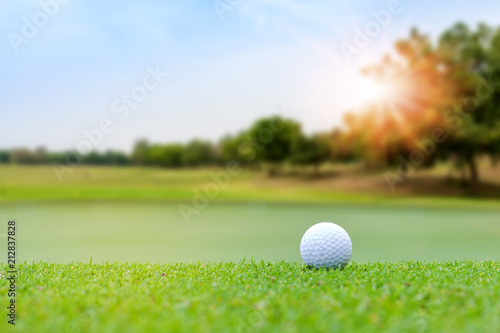 Golf ball on blurred beautiful green grass with sunlight in morning time. Sport and recreation playground for golf club concept.