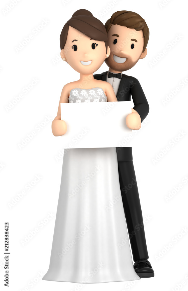 3d illustration of a newly wed couple holding a blank board 3d illustration of a newly wed couple holding a blank board