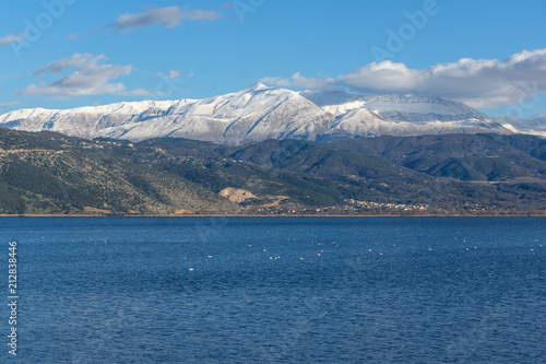 Amazing winter Landscape of Lake Pamvotida and Pindus mountain from city of Ioannina  Epirus  Greece