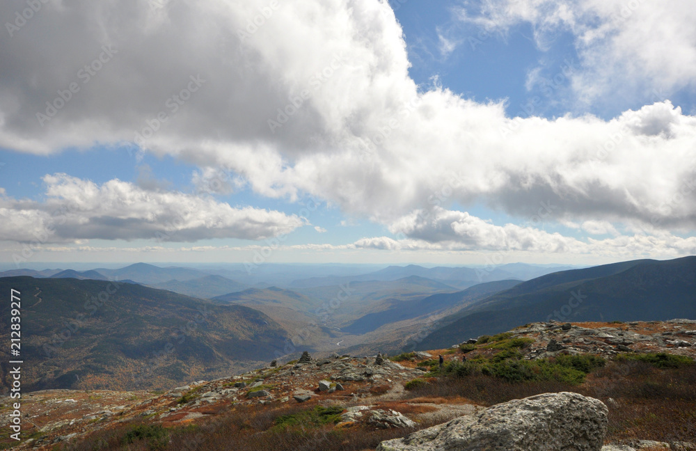 Cloud level view at the summit of Mount Washington overlooking New Hampshire landscape
