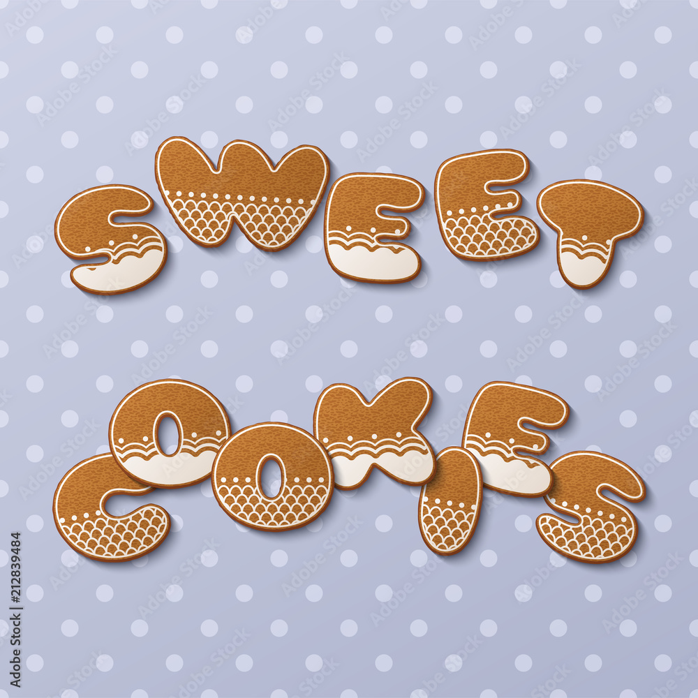 Sweet cookies inscription made of gingerbread cookies with icing on polka dot background. Vector Illustration Sweet cookies inscription made of gingerbread cookies with icing on polka dot background. Vector Illustration