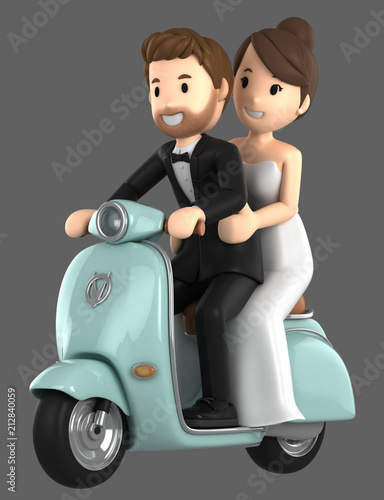 3d illustration of a newly wed couple riding a bicycle