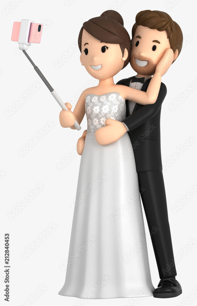 3d illustration of a newly wed couple taking a selfie
