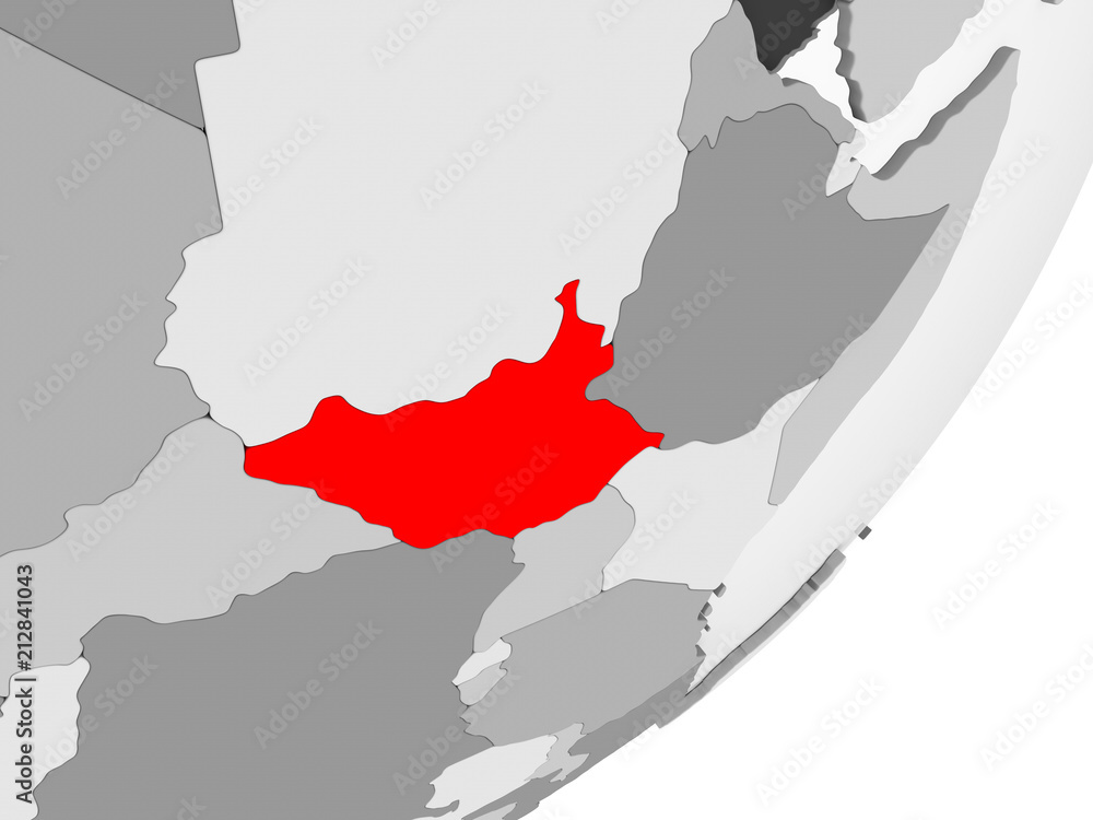 Fototapeta premium South Sudan in red on grey map